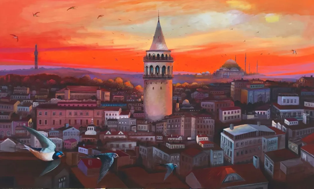 yakınlaştır "Günbatımında Galata ve Ebabiller" eseri KADİR ŞİŞGİNOĞLU tarafından 2022 yılında 90x150 cm ölçülerinde Tuval üzeri akrilik boya tekniği ile yapılmıştır.