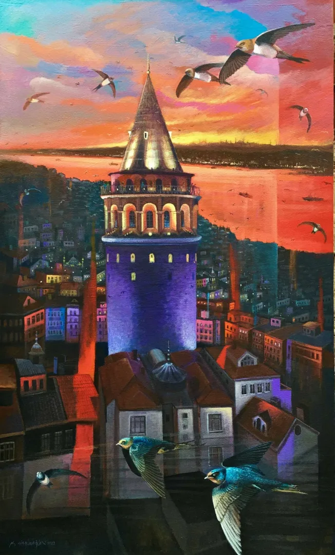 yakınlaştır "Gündoğarken Galata ve Ebabiller" eseri KADİR ŞİŞGİNOĞLU tarafından 2022 yılında 150x90 cm ölçülerinde Tuval üzeri akrilik boya tekniği ile yapılmıştır.
