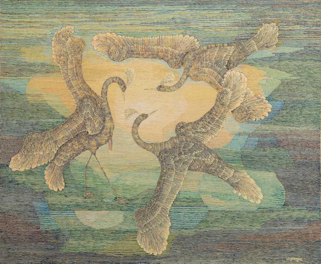 yakınlaştır "Turnaların Dansı" eseri ATAÇ ELALMIŞ tarafından 2018 yılında 140x170 cm ölçülerinde Tuval üzeri yağlı boya tekniği ile yapılmıştır.