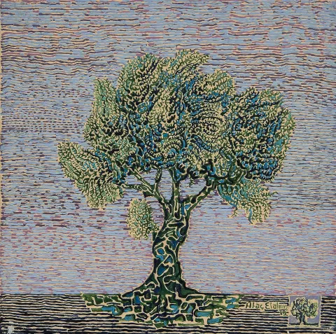 "Zeytin Ağacı" eseri ATAÇ ELALMIŞ tarafından 2019 yılında 40x40 cm ölçülerinde Tuval üzeri yağlı boya tekniği ile yapılmıştır.