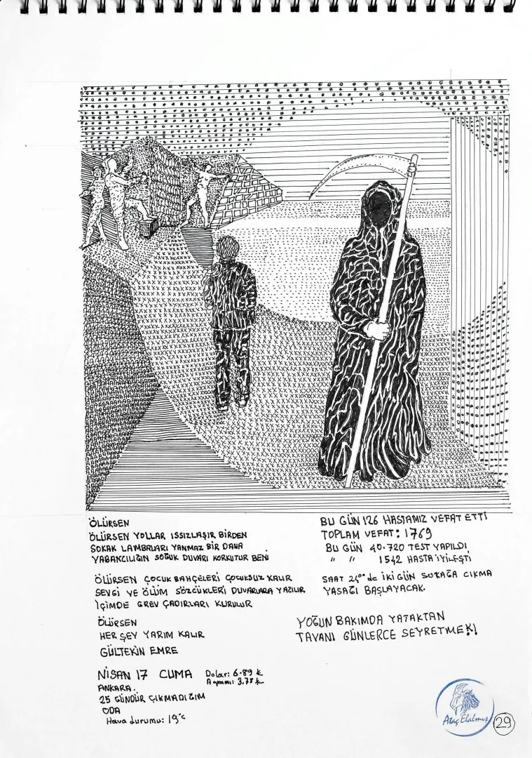 yakınlaştır "Corona Günlükleri" eseri ATAÇ ELALMIŞ tarafından 2020 yılında 47x33 cm ölçülerinde bristol kağıt üzeri pilot kalem tekniği ile yapılmıştır.
