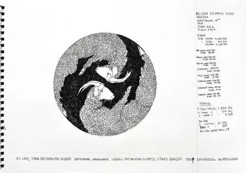 "Corona Günlükleri" eseri ATAÇ ELALMIŞ tarafından 2020 yılında 33x47 cm ölçülerinde bristol kağıt üzeri pilot kalem tekniği ile yapılmıştır.
