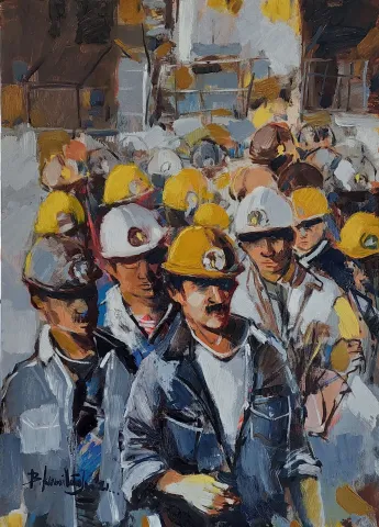 "Madenciler" eseri BARAN KAMİLOĞLU tarafından 2021 yılında 70x50 cm ölçülerinde Tuval üzeri yağlı boya tekniği ile yapılmıştır.