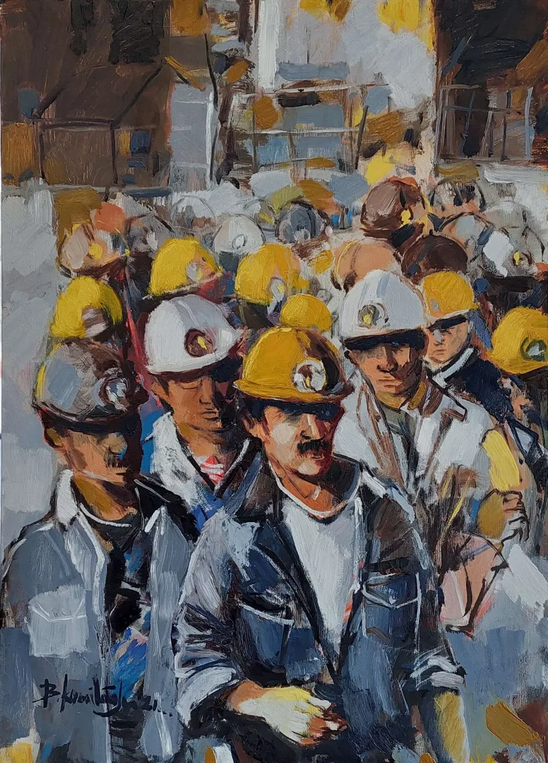 yakınlaştır "Madenciler" eseri BARAN KAMİLOĞLU tarafından 2021 yılında 70x50 cm ölçülerinde Tuval üzeri yağlı boya tekniği ile yapılmıştır.