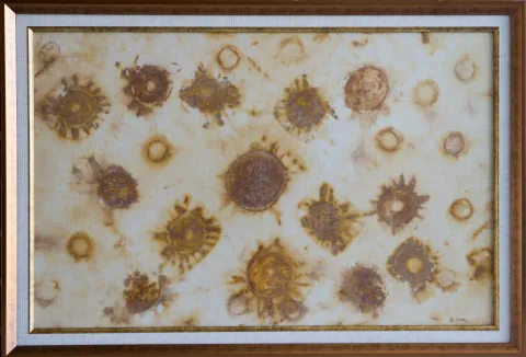 "Örümcek" eseri DUYGU İREM CAN tarafından 2022 yılında 54x79 cm ölçülerinde Kumaş Üzeri Pas Baskı / Rust Printing tekniği ile yapılmıştır.