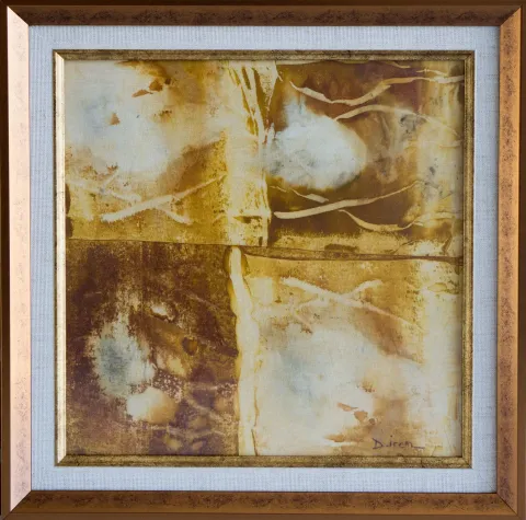 "Kaos" eseri DUYGU İREM CAN tarafından 2022 yılında 48x53 cm ölçülerinde Kumaş Üzeri Pas Baskı / Rust Printing tekniği ile yapılmıştır.