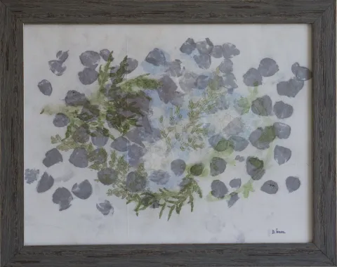 "İkizler (b)" eseri DUYGU İREM CAN tarafından 2022 yılında 41x51 cm ölçülerinde Kumaş Üzeri Pas Baskı / Rust Printing tekniği ile yapılmıştır.
