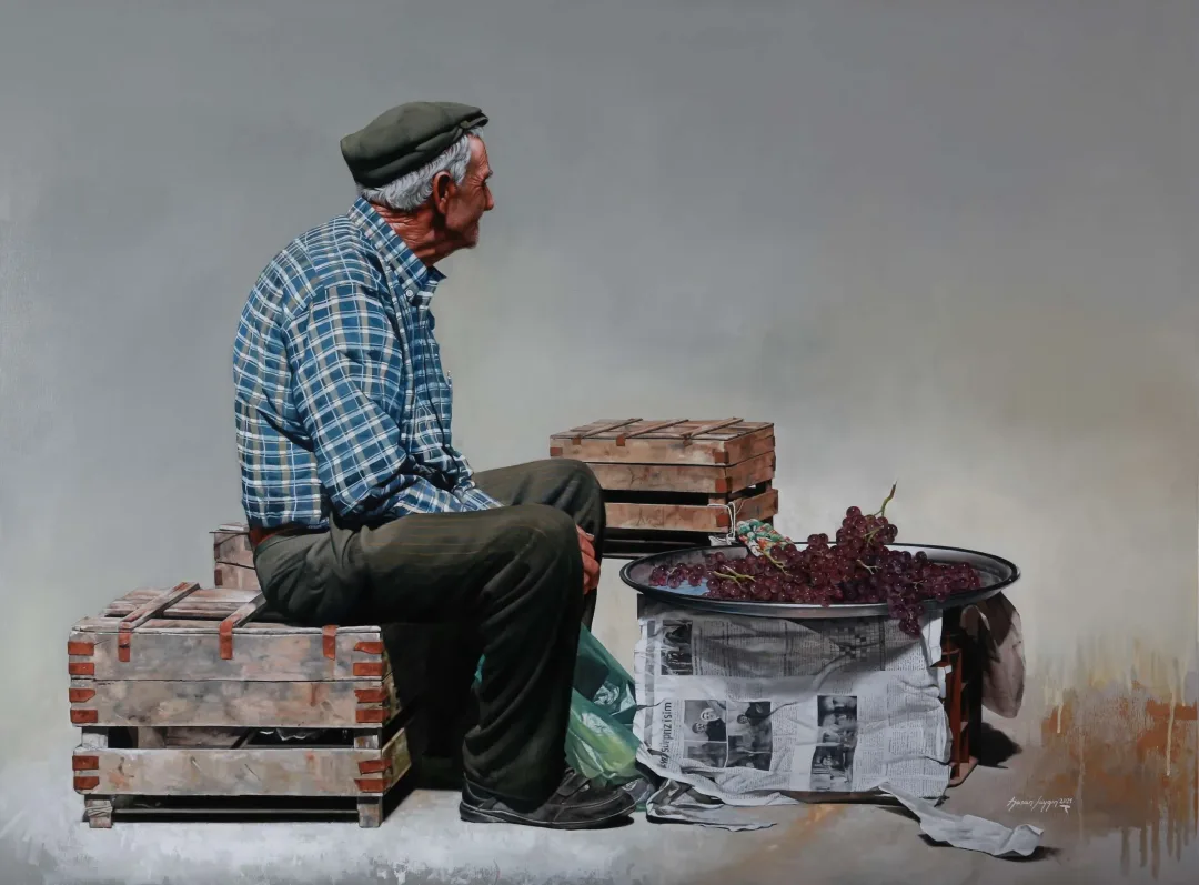 HASAN SAYGIN — “Üzüm Satıcısı”, 2021 "Üzüm Satıcısı" eseri HASAN SAYGIN tarafından 2021 yılında 97x130 cm ölçülerinde Tuval üzeri yağlı boya tekniği ile yapılmıştır.