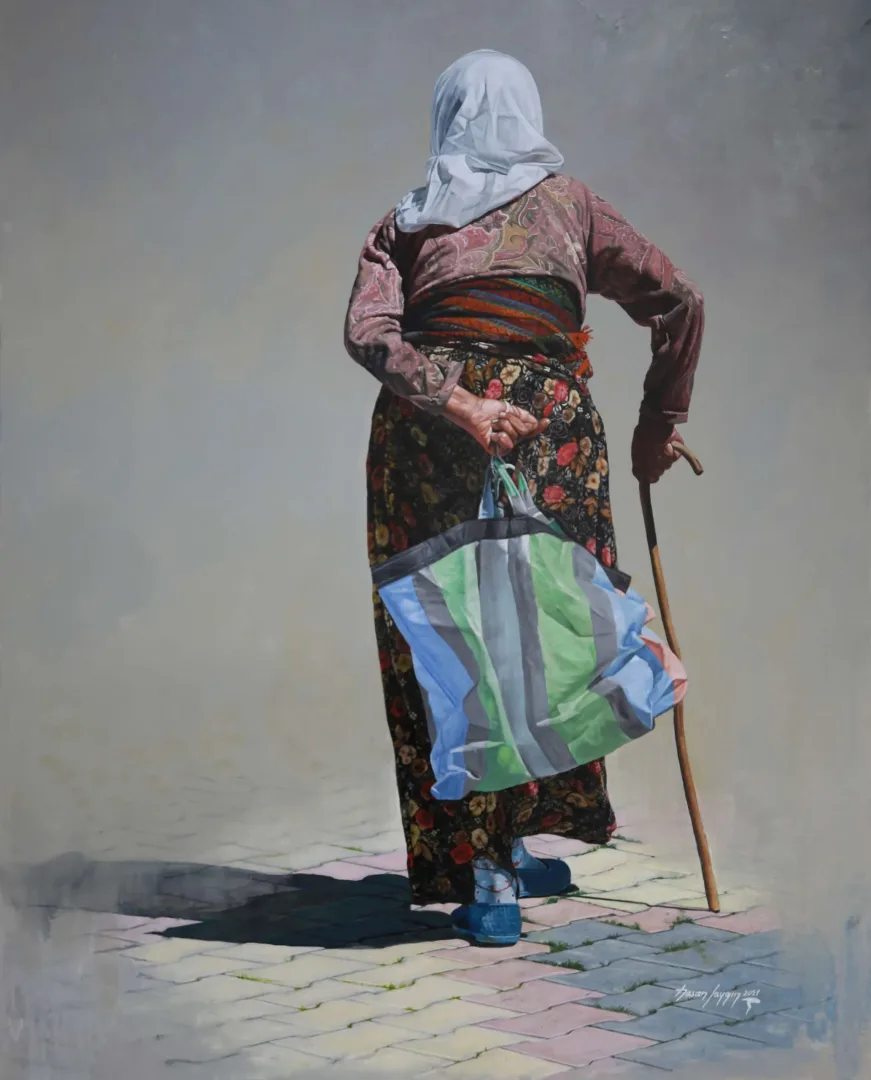 yakınlaştır "Uzun ve Dar Bir Yolda Yürüyorum" eseri HASAN SAYGIN tarafından 2021 yılında 100x81 cm ölçülerinde Tuval üzeri yağlı boya tekniği ile yapılmıştır.