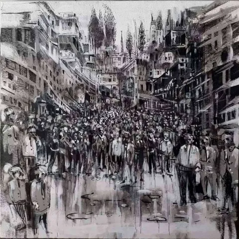 "Sokak" eseri AYHAN ÇETİN tarafından 2022 yılında 40x40 cm ölçülerinde Tuval üzeri akrilik boya tekniği ile yapılmıştır.