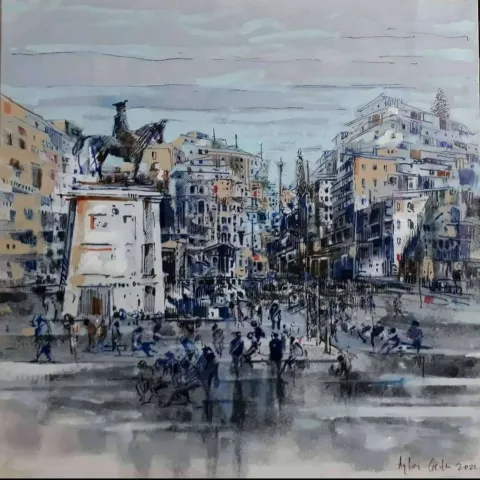 "Ulus" eseri AYHAN ÇETİN tarafından 2022 yılında 40x40 cm ölçülerinde Tuval üzeri akrilik boya tekniği ile yapılmıştır.