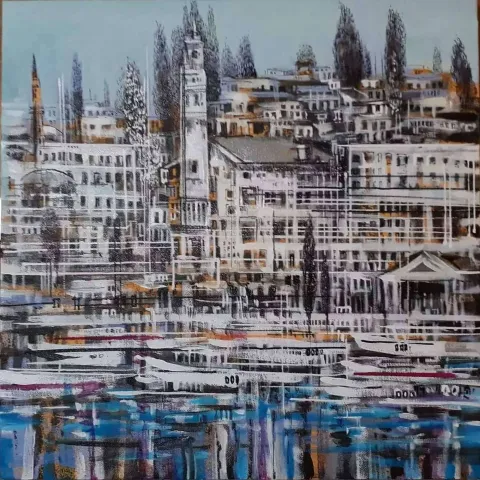 "izmir" eseri AYHAN ÇETİN tarafından 2022 yılında 40x40 cm ölçülerinde Tuval üzeri akrilik boya tekniği ile yapılmıştır.