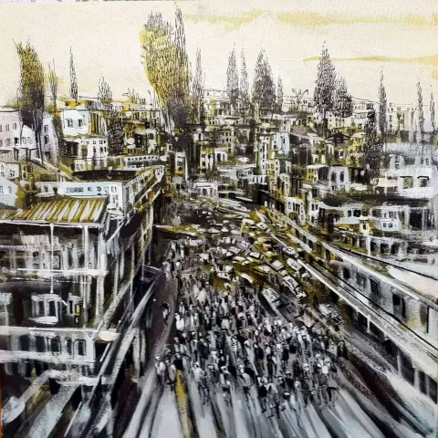 "Kargaşa" eseri AYHAN ÇETİN tarafından 2022 yılında 40x40 cm ölçülerinde Tuval üzeri akrilik boya tekniği ile yapılmıştır.