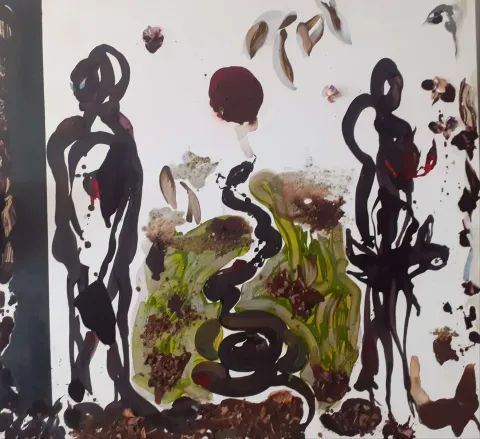 FÜSUN ÇAĞLAYAN — “Adem&Havva”, 2022 "Adem&Havva" eseri FÜSUN ÇAĞLAYAN tarafından 2022 yılında 130x140 cm ölçülerinde Tuval üzeri karışık teknik tekniği ile yapılmıştır.