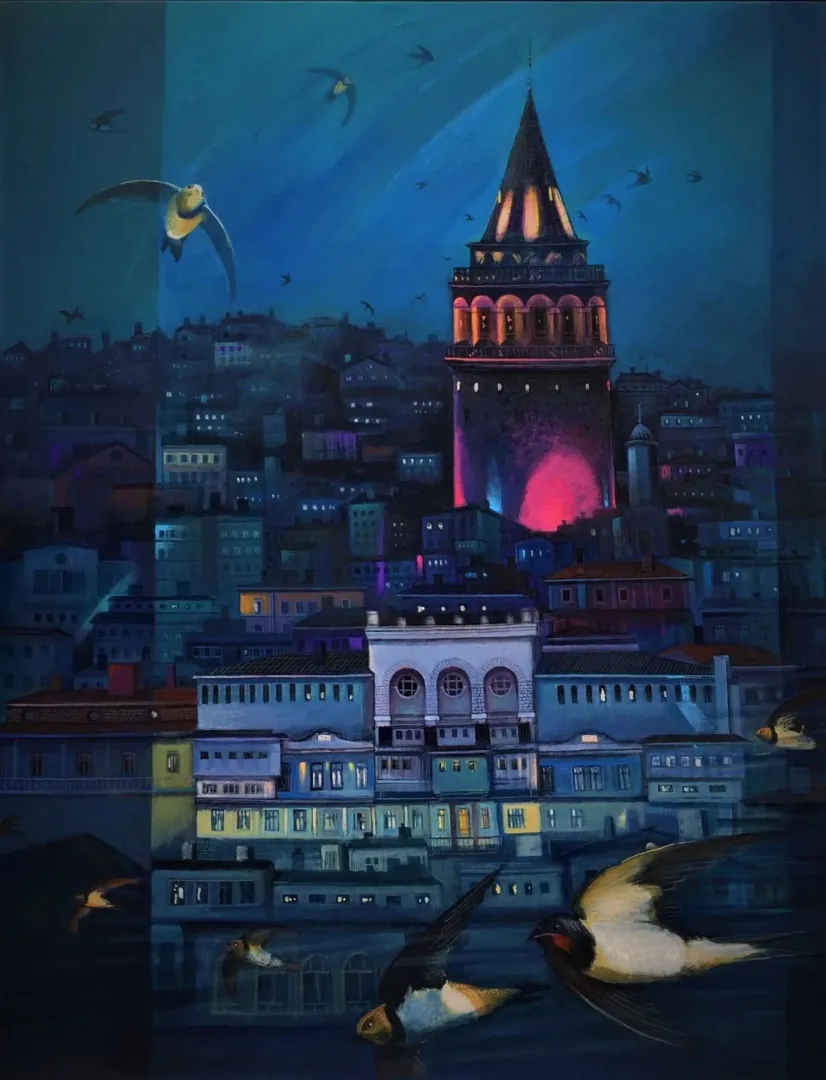 KADİR ŞİŞGİNOĞLU — “Galata kulesinin ebabilleri”, 2021 "Galata kulesinin ebabilleri" eseri KADİR ŞİŞGİNOĞLU tarafından 2021 yılında 100x80 cm ölçülerinde Tuval üzeri akrilik boya tekniği ile yapılmıştır.
