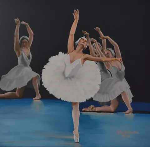 "Balerinler" eseri GÜLŞAH ÇALHAN tarafından 2020 yılında 40x40 cm ölçülerinde Tuval üzeri akrilik boya tekniği ile yapılmıştır.
