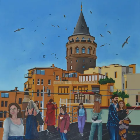 "Galata" eseri GÜLŞAH ÇALHAN tarafından 2020 yılında 55x55 cm ölçülerinde Tuval üzeri akrilik boya tekniği ile yapılmıştır.