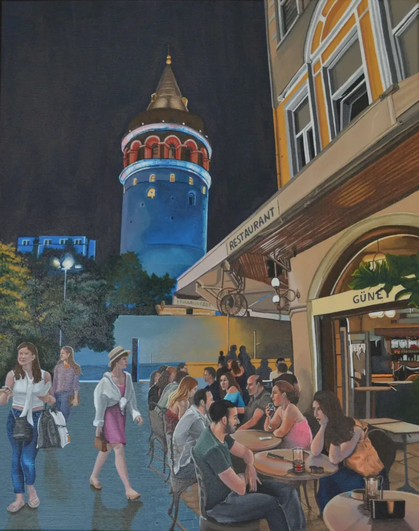 "Galata Güney" eseri GÜLŞAH ÇALHAN tarafından 2021 yılında 40x50 cm ölçülerinde Tuval üzeri akrilik boya tekniği ile yapılmıştır.