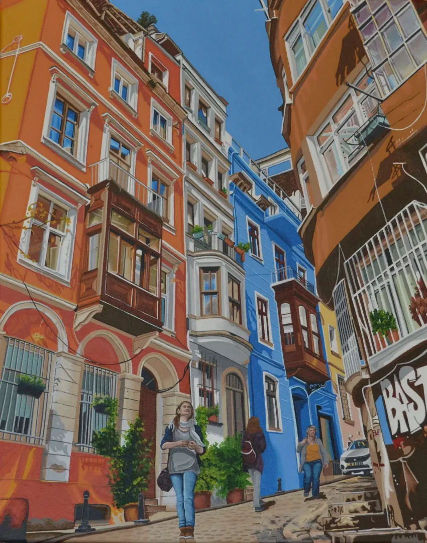 yakınlaştır "Serdar-ı Ekrem Sokak" eseri GÜLŞAH ÇALHAN tarafından 2022 yılında 40x50 cm ölçülerinde Tuval üzeri akrilik boya tekniği ile yapılmıştır.