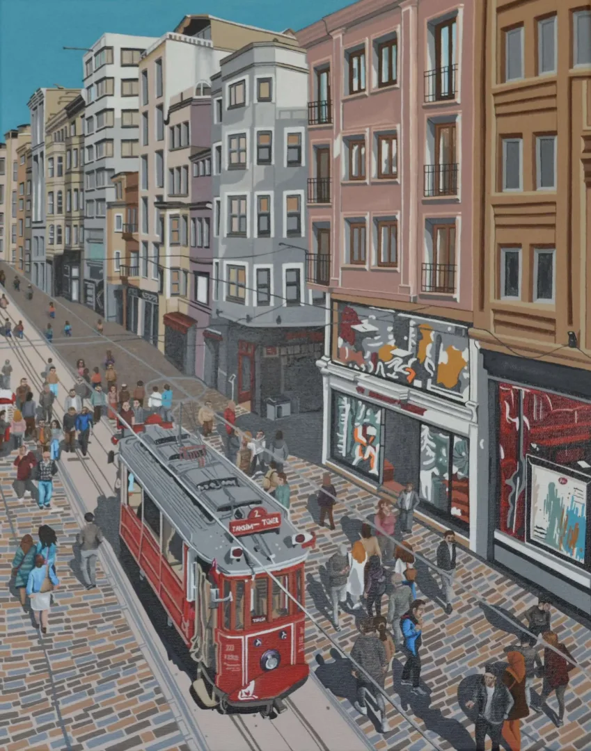 yakınlaştır "İstiklal Caddesi" eseri GÜLŞAH ÇALHAN tarafından 2022 yılında 40x50 cm ölçülerinde Tuval üzeri akrilik boya tekniği ile yapılmıştır.