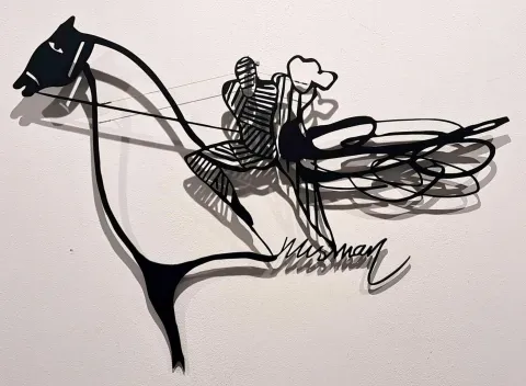 "At ve kadın" eseri HAYATİ MİSMAN tarafından 2022 yılında 86x115x3 cm ölçülerinde Metal kesim duvar heykeli tekniği ile yapılmıştır.