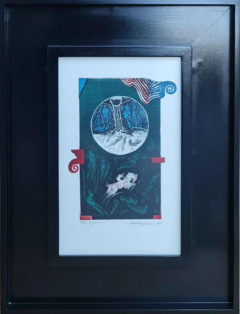 yakınlaştır "İsimsiz" eseri HAYATİ MİSMAN tarafından 1999 yılında 34x21 cm ölçülerinde Gravür tekniği ile yapılmıştır.