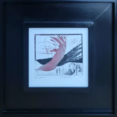 "İsimsiz" eseri HAYATİ MİSMAN tarafından 1999 yılında 20x20 cm ölçülerinde Gravür tekniği ile yapılmıştır.
