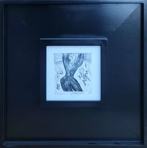"İsimsiz" eseri HAYATİ MİSMAN tarafından 2014 yılında 14x14 cm ölçülerinde Gravür tekniği ile yapılmıştır.