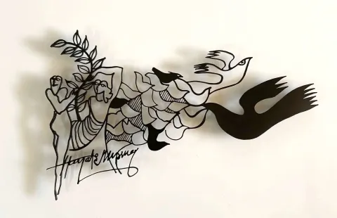 "İsimsiz" eseri HAYATİ MİSMAN tarafından 2022 yılında 48x86x3 cm ölçülerinde Metal kesim duvar heykeli tekniği ile yapılmıştır.