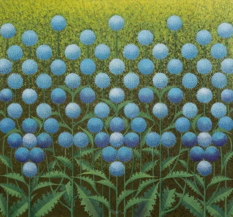 "Kompozisyon - ( Çakır Dikenler )" eseri 90x97 cm ölçülerinde Tuval üzeri akrilik boya tekniği ile yapılmıştır.