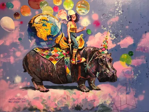 ADEL YOUNESİ — “Paralel Evrenler”, 2022 "Paralel Evrenler" eseri ADEL YOUNESİ tarafından 2022 yılında 120x160 cm ölçülerinde Tuval üzeri akrilik boya tekniği ile yapılmıştır.