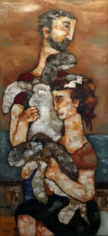 "İsimsiz" eseri MURAT TOLGA tarafından 2021 yılında 150x70 cm ölçülerinde Tuval üzeri yağlı boya tekniği ile yapılmıştır.