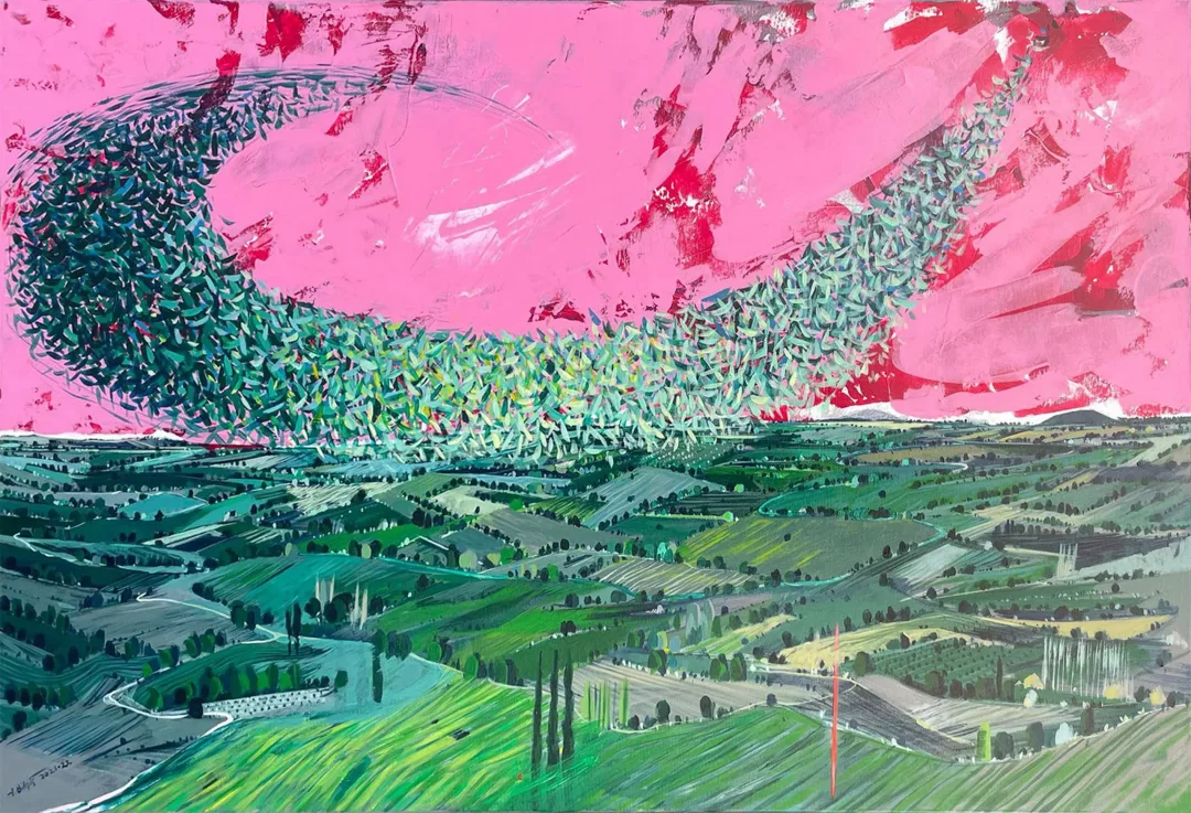 yakınlaştır "Kuşların Dansı" eseri TAMER BİLGİÇ tarafından 2022 yılında 87x128 cm ölçülerinde Tuval üzeri akrilik boya tekniği ile yapılmıştır.