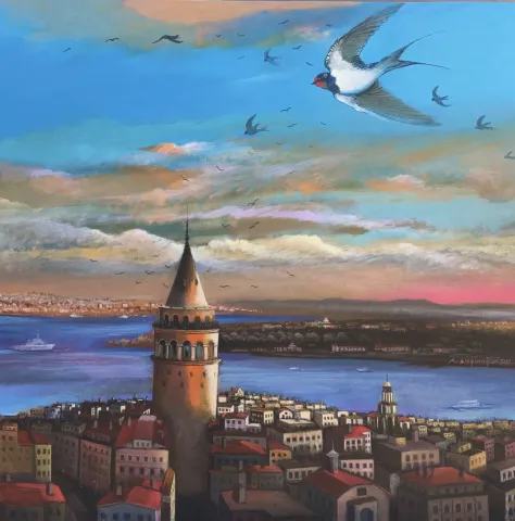 "Galata Kulesinin Muhafızları- Ebabil Kuşları" eseri KADİR ŞİŞGİNOĞLU tarafından 2022 yılında 60x60 cm ölçülerinde Tuval üzeri yağlı boya tekniği ile yapılmıştır.
