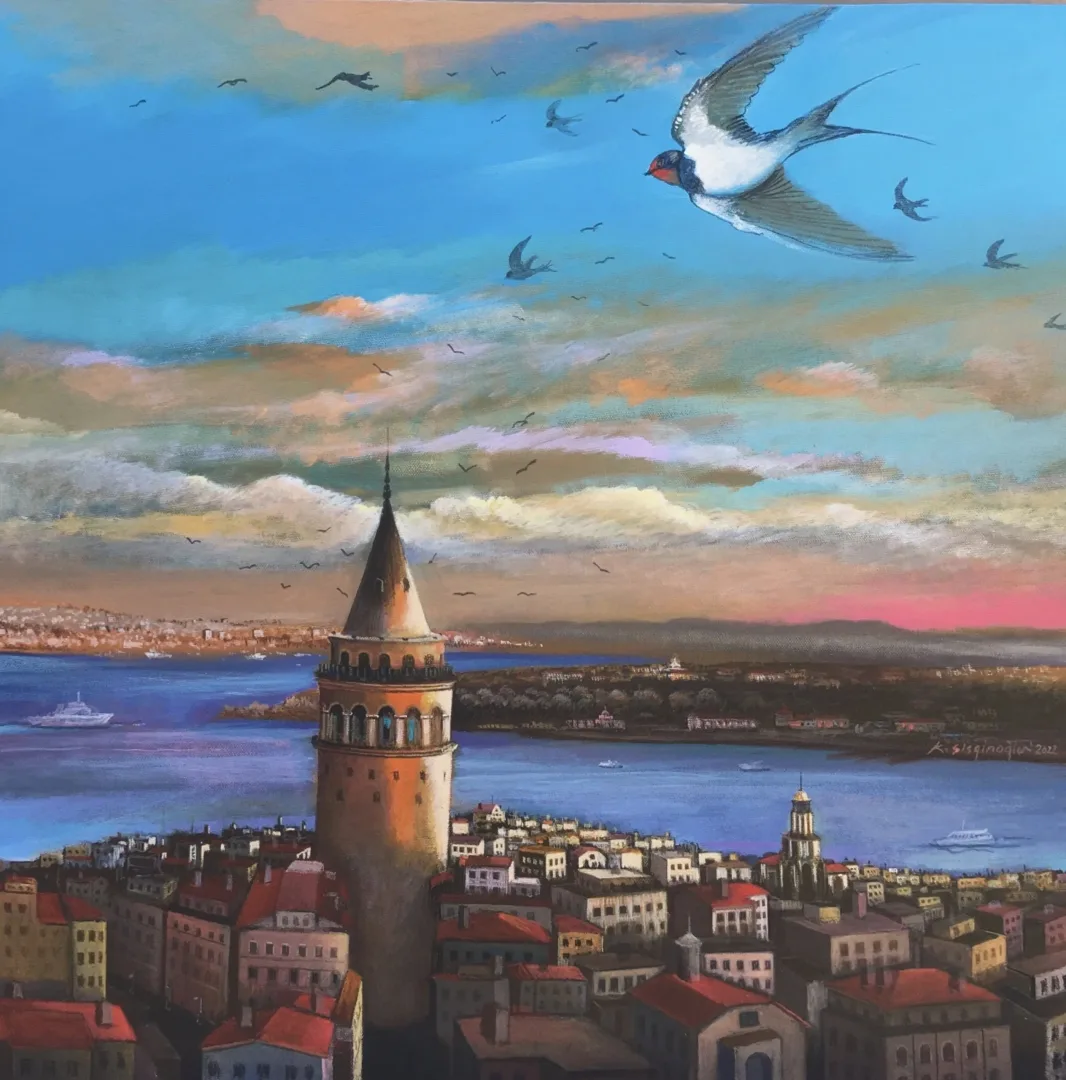 "Galata Kulesinin Muhafızları- Ebabil Kuşları" eseri KADİR ŞİŞGİNOĞLU tarafından 2022 yılında 60x60 cm ölçülerinde Tuval üzeri yağlı boya tekniği ile yapılmıştır.