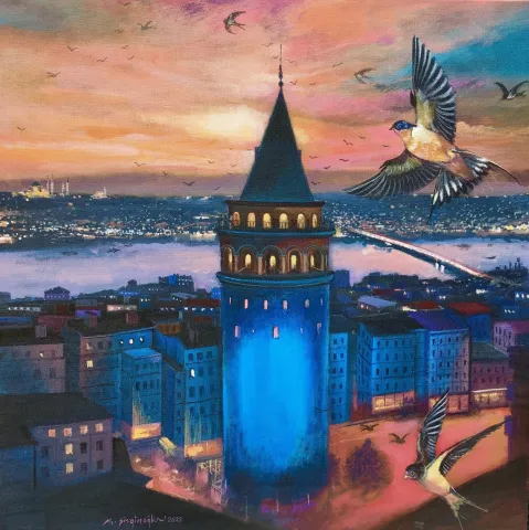 "Galata Kulesinin Muhafızları- Ebabil Kuşları" eseri KADİR ŞİŞGİNOĞLU tarafından 2022 yılında 60x60 cm ölçülerinde Tuval üzeri yağlı boya tekniği ile yapılmıştır.