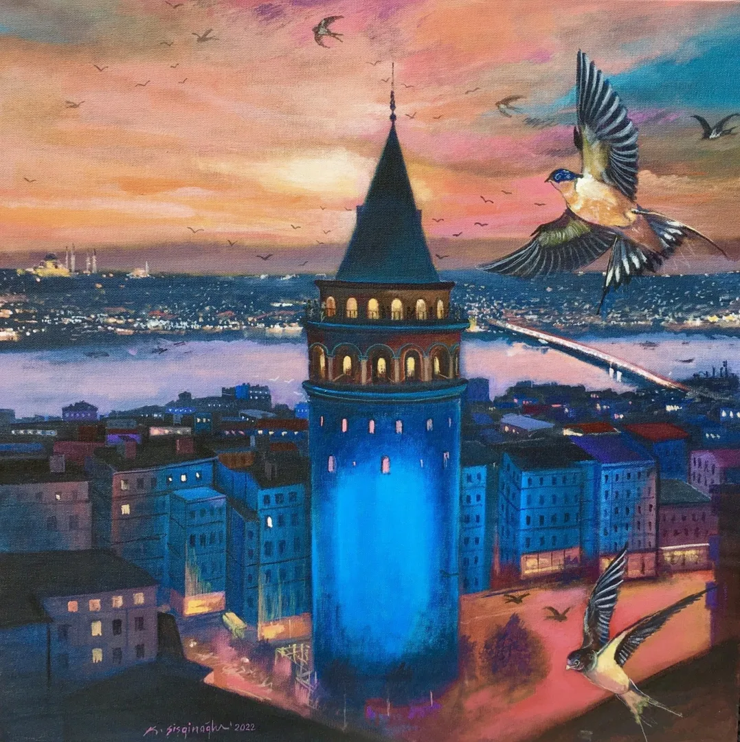"Galata Kulesinin Muhafızları- Ebabil Kuşları" eseri KADİR ŞİŞGİNOĞLU tarafından 2022 yılında 60x60 cm ölçülerinde Tuval üzeri yağlı boya tekniği ile yapılmıştır.