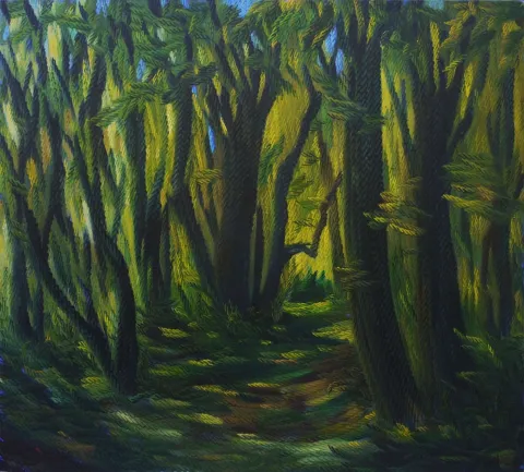 "Orman" eseri AHMET YEŞİL tarafından 2019 yılında 85x100 cm ölçülerinde Tuval üzeri yağlı boya tekniği ile yapılmıştır.