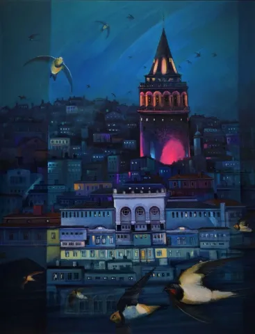 "Galata Kulesinin Ebabilleri" eseri KADİR ŞİŞGİNOĞLU tarafından 2021 yılında 100x80 cm ölçülerinde Tuval üzeri akrilik boya tekniği ile yapılmıştır.