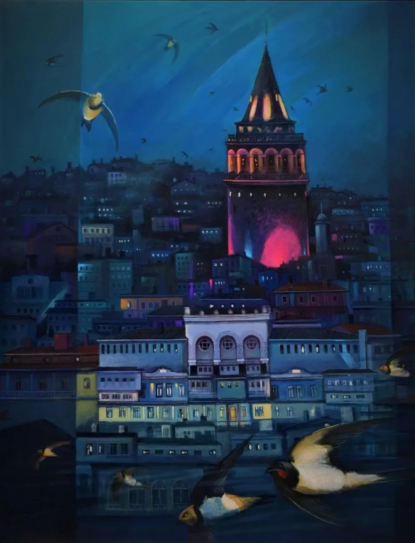 yakınlaştır "Galata Kulesinin Ebabilleri" eseri KADİR ŞİŞGİNOĞLU tarafından 2021 yılında 100x80 cm ölçülerinde Tuval üzeri akrilik boya tekniği ile yapılmıştır.