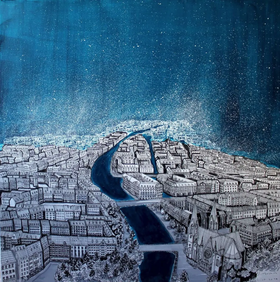 "İsimsiz" eseri SÜMEYYE YUŞAN tarafından 2017 yılında 70x70 cm ölçülerinde Tuval üzeri karışık teknik tekniği ile yapılmıştır.