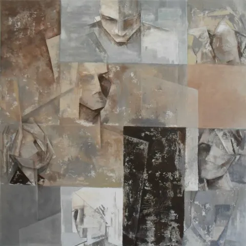 "Parçalar" eseri EVREN TEMEL tarafından 2011 yılında 100x100 cm ölçülerinde Tuval üzeri yağlı boya tekniği ile yapılmıştır.