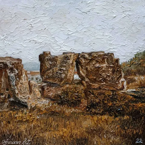OĞULCAN ÖZ — “Pişmiş Kale”, 2022 "Pişmiş Kale" eseri OĞULCAN ÖZ tarafından 2022 yılında 25x25 cm ölçülerinde Tuval üzeri yağlı boya tekniği ile yapılmıştır.