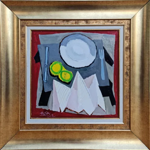 "Sofra" eseri ADNAN TURANİ tarafından 2004 yılında 50x50 cm ölçülerinde Tuval üzeri yağlı boya tekniği ile yapılmıştır.