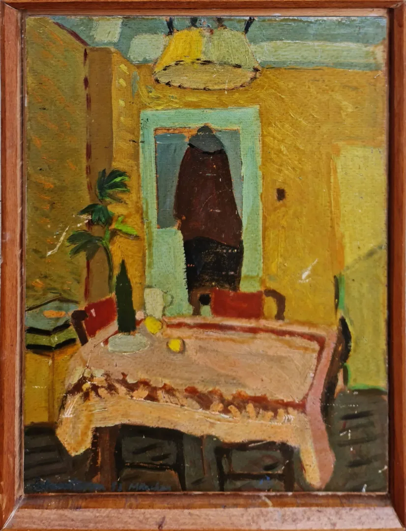 yakınlaştır "München" eseri ADNAN TURANİ tarafından 1953 yılında 34x26 cm ölçülerinde Duralit üzeri yağlı boya tekniği ile yapılmıştır.