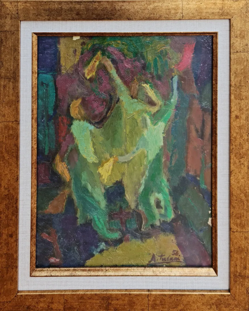 "Dans edenler" eseri ADNAN TURANİ tarafından 1956 yılında 35x28 cm ölçülerinde Kağıt üzeri yağlı boya tekniği ile yapılmıştır.