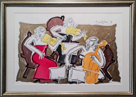 "Trio" eseri ADNAN TURANİ tarafından 2009 yılında 50x70 cm ölçülerinde Kağıt üzeri karışık teknik tekniği ile yapılmıştır.