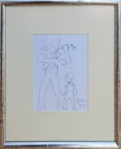 "Kemancı ve çocuk" eseri ADNAN TURANİ tarafından 2005 yılında 16x13 cm ölçülerinde Kağıt üzeri füzen tekniği ile yapılmıştır.