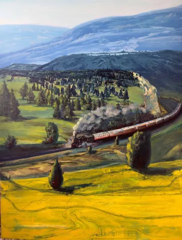 "Tren" eseri TOLGA BOZTOPRAK tarafından 2023 yılında 200x150 cm ölçülerinde Tuval üzeri akrilik boya tekniği ile yapılmıştır.