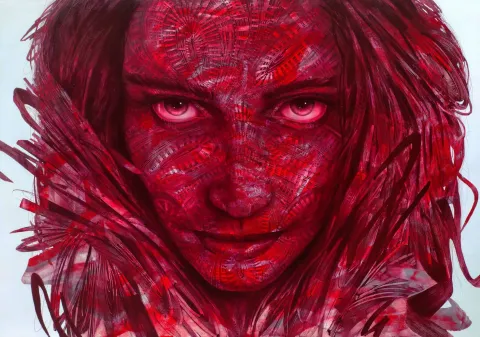 "Scarlet" eseri MEVLÜT AKAR tarafından 2022 yılında 130x185 cm ölçülerinde Tuval üzeri akrilik boya tekniği ile yapılmıştır.
